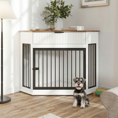 44.6" Corner Dog Crate Furniture with Drawer | Space-Saving White Dog Kennel End Table