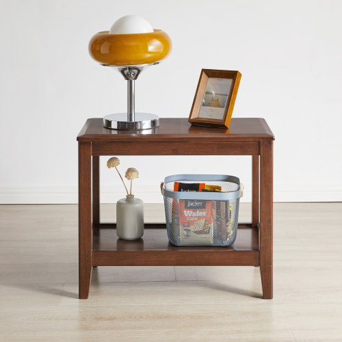 Solid Rubberwood Side Table with Lower Storage Shelf – Walnut Finish