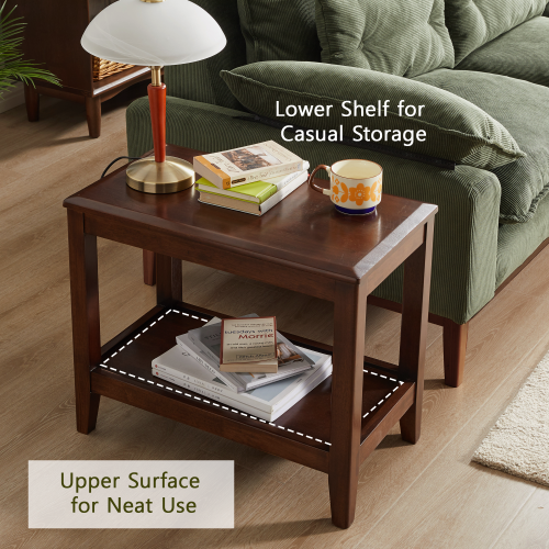 Solid Rubberwood Side Table with Lower Storage Shelf – Walnut Finish