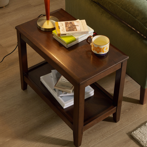 Solid Rubberwood Side Table with Lower Storage Shelf – Walnut Finish
