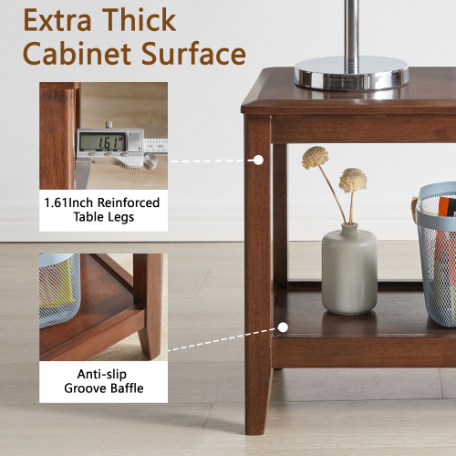 Solid Rubberwood Side Table with Lower Storage Shelf – Walnut Finish