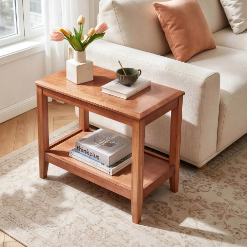 Solid Rubberwood Side Table with Lower Storage Shelf – Walnut Finish
