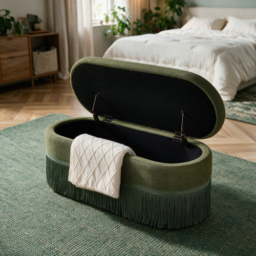Olive Green Oval Storage Ottoman with Lift-Top & Fringe Trim – 39 Inch