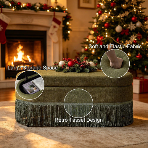 Olive Green Oval Storage Ottoman with Lift-Top & Fringe Trim – 39 Inch