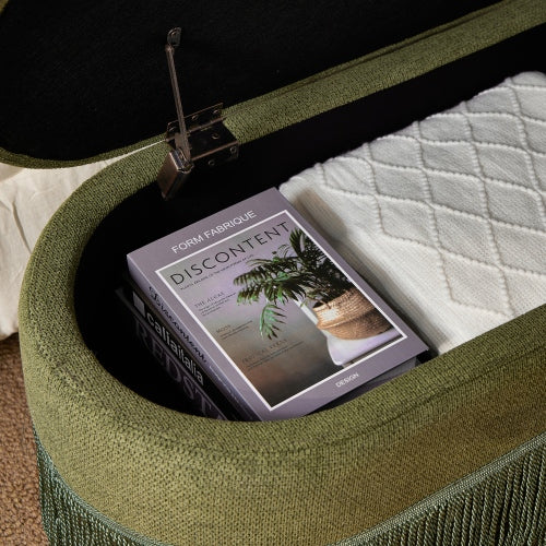 Olive Green Oval Storage Ottoman with Lift-Top & Fringe Trim – 39 Inch