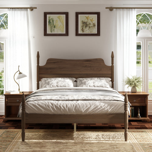 Queen Size Platform Bed Frame, Spindle Bed with Curved Tall Headboard, Retro Four Poster Bed – Walnut