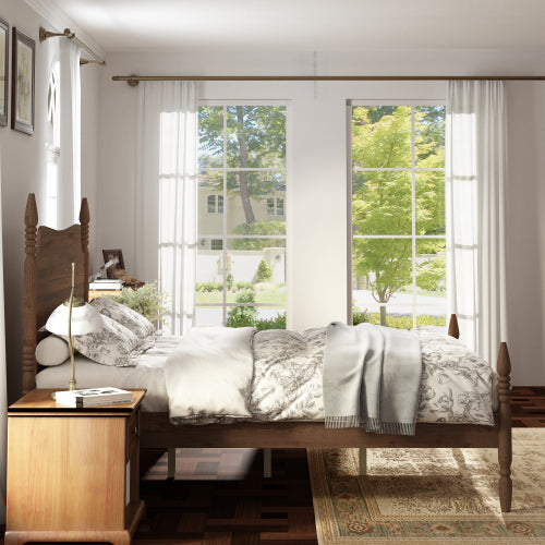 Queen Size Platform Bed Frame, Spindle Bed with Curved Tall Headboard, Retro Four Poster Bed – Walnut