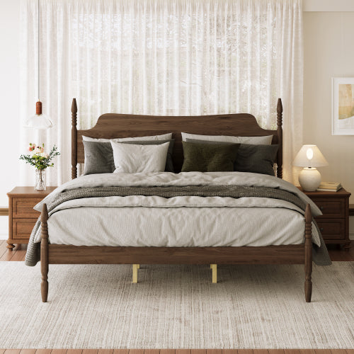 Queen Size Platform Bed Frame, Spindle Bed with Curved Tall Headboard, Retro Four Poster Bed – Walnut