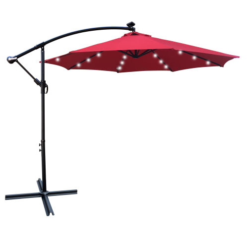 10 ft Solar LED Patio Umbrella with 24 Lights & Crank | 8-Rib Waterproof Outdoor Umbrella with Cross Base for Garden, Deck & Pool, Red