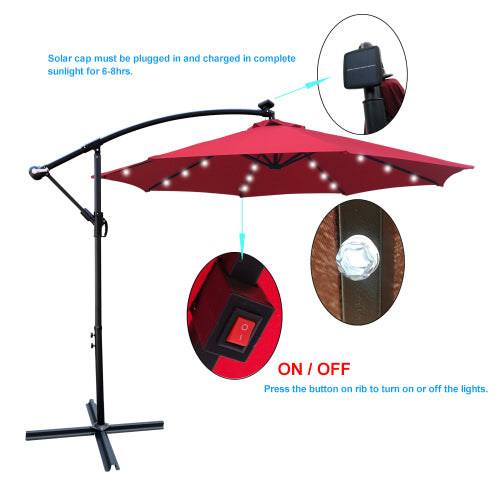 10 ft Solar LED Patio Umbrella with 24 Lights & Crank | 8-Rib Waterproof Outdoor Umbrella with Cross Base for Garden, Deck & Pool, Red