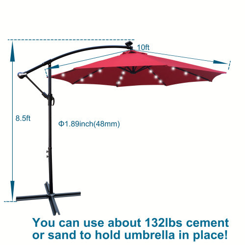 10 ft Solar LED Patio Umbrella with 24 Lights & Crank | 8-Rib Waterproof Outdoor Umbrella with Cross Base for Garden, Deck & Pool, Red