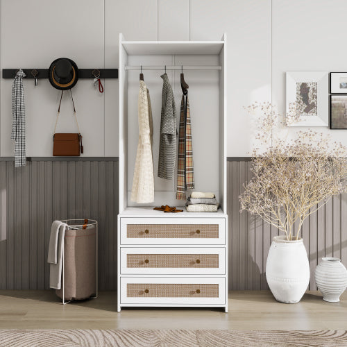 Modern Farmhouse Armoire with Hanging Rod & 3 Drawers - White & Natural Wood Wardrobe