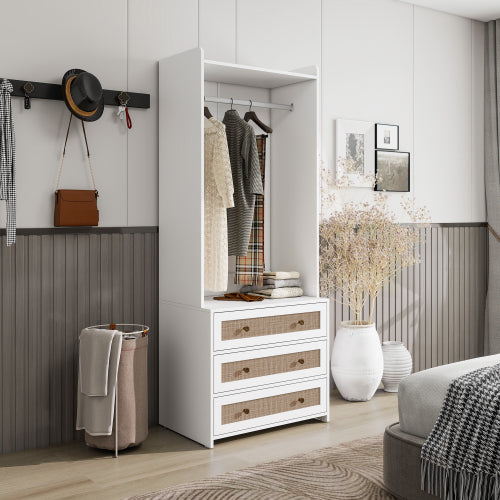 Modern Farmhouse Armoire with Hanging Rod & 3 Drawers - White & Natural Wood Wardrobe