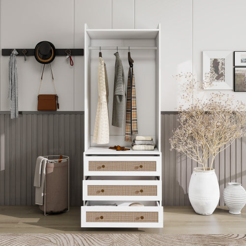 Modern Farmhouse Armoire with Hanging Rod & 3 Drawers - White & Natural Wood Wardrobe