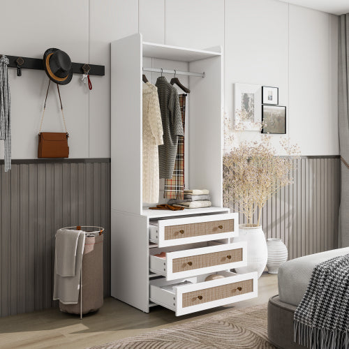 Modern Farmhouse Armoire with Hanging Rod & 3 Drawers - White & Natural Wood Wardrobe