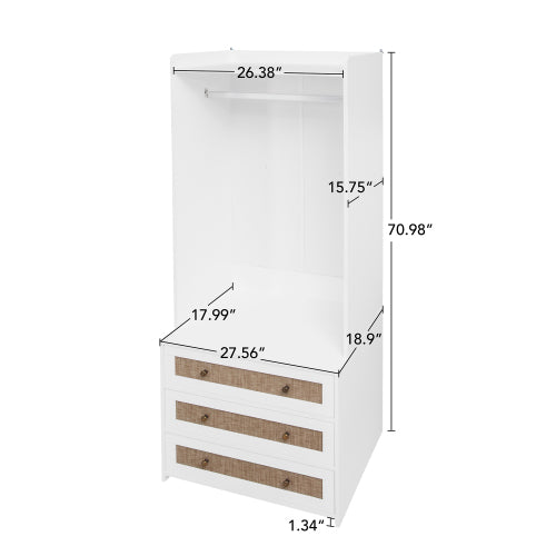 Modern Farmhouse Armoire with Hanging Rod & 3 Drawers - White & Natural Wood Wardrobe