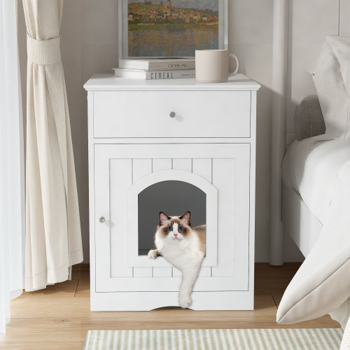 Wooden Cat Litter Box Enclosure - White, lifestyle view with cat