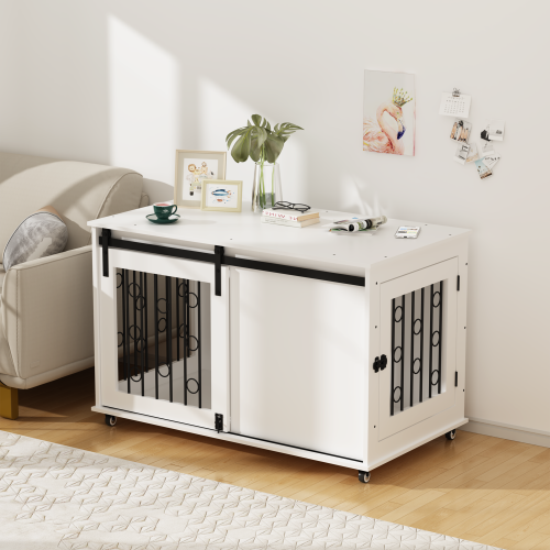 Dog Crate Furniture with Sliding Barn Door & Lockable Wheels | Indoor Kennel End Table for Small to Medium Dogs, White