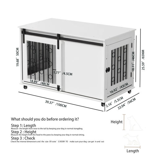 Dog Crate Furniture with Sliding Barn Door & Lockable Wheels | Indoor Kennel End Table for Small to Medium Dogs, White