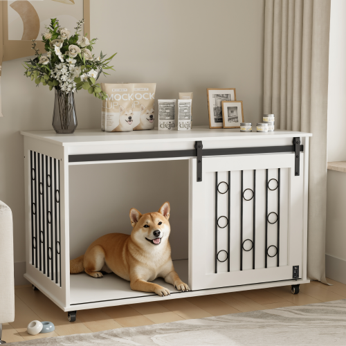 Dog Crate Furniture with Sliding Barn Door & Lockable Wheels | Indoor Kennel End Table for Small to Medium Dogs, White