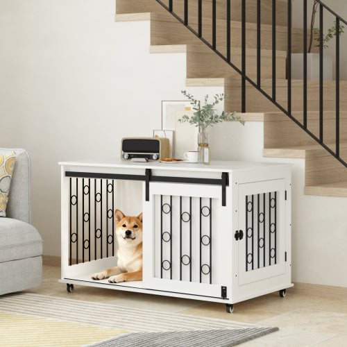 Dog Crate Furniture with Sliding Barn Door & Lockable Wheels | Indoor Kennel End Table for Small to Medium Dogs, White