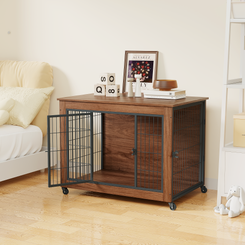 38.6" Dog Crate Furniture with Wheels | Heavy Duty Indoor Dog Kennel & End Table