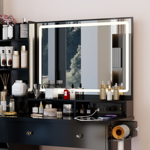 41" Vanity Desk with LED Mirror & Cushioned Stool | Makeup Table with Power Outlets & Hair Dryer Holder