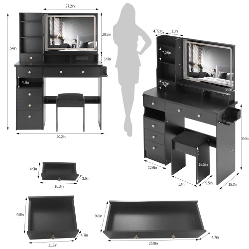 41" Vanity Desk with LED Mirror & Cushioned Stool | Makeup Table with Power Outlets & Hair Dryer Holder