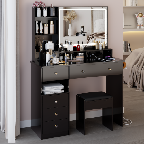41" Vanity Desk with LED Mirror & Cushioned Stool | Makeup Table with Power Outlets & Hair Dryer Holder