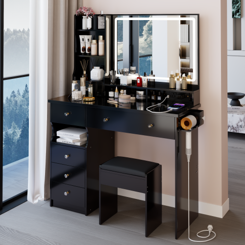 41" Vanity Desk with LED Mirror & Cushioned Stool | Makeup Table with Power Outlets & Hair Dryer Holder