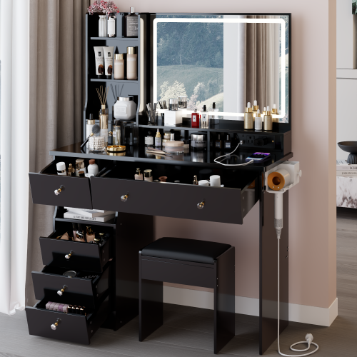 41" Vanity Desk with LED Mirror & Cushioned Stool | Makeup Table with Power Outlets & Hair Dryer Holder