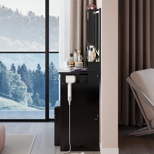 41" Vanity Desk with LED Mirror & Cushioned Stool | Makeup Table with Power Outlets & Hair Dryer Holder