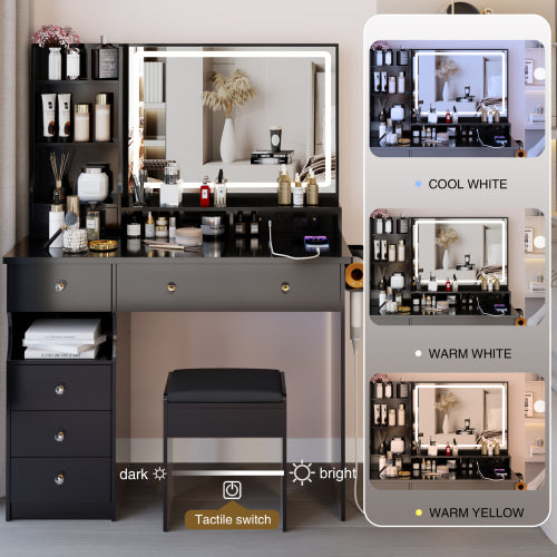 41" Vanity Desk with LED Mirror & Cushioned Stool | Makeup Table with Power Outlets & Hair Dryer Holder