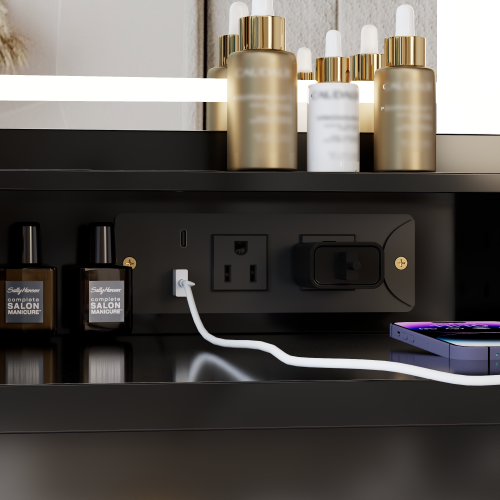 41" Vanity Desk with LED Mirror & Cushioned Stool | Makeup Table with Power Outlets & Hair Dryer Holder