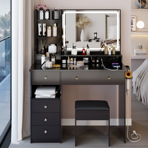 41" Vanity Desk with LED Mirror & Cushioned Stool | Makeup Table with Power Outlets & Hair Dryer Holder