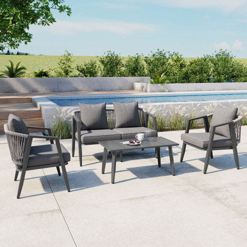 4-Person Outdoor Patio Seating Set | Iron Table, Bench & 2 Chairs with Cushions for Garden, Lawn & Poolside, Gray