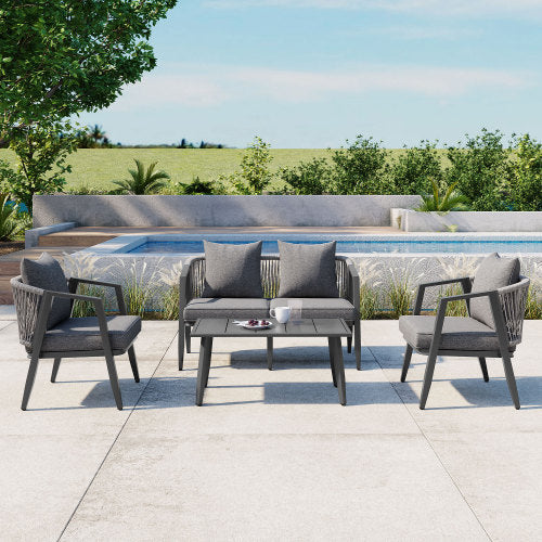 4-Person Outdoor Patio Seating Set | Iron Table, Bench & 2 Chairs with Cushions for Garden, Lawn & Poolside, Gray