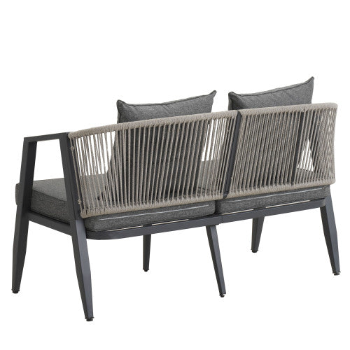4-Person Outdoor Patio Seating Set | Iron Table, Bench & 2 Chairs with Cushions for Garden, Lawn & Poolside, Gray