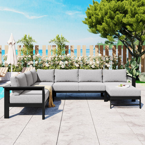 U-Shaped Outdoor Sectional Sofa Set | 5-6 Person Patio Conversation Sofa with 5.9" Cushions & Iron Frame, Grey