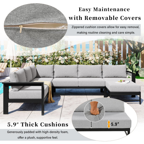U-Shaped Outdoor Sectional Sofa Set | 5-6 Person Patio Conversation Sofa with 5.9" Cushions & Iron Frame, Grey