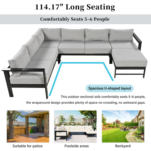 U-Shaped Outdoor Sectional Sofa Set | 5-6 Person Patio Conversation Sofa with 5.9" Cushions & Iron Frame, Grey