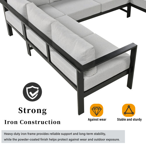 U-Shaped Outdoor Sectional Sofa Set | 5-6 Person Patio Conversation Sofa with 5.9" Cushions & Iron Frame, Grey