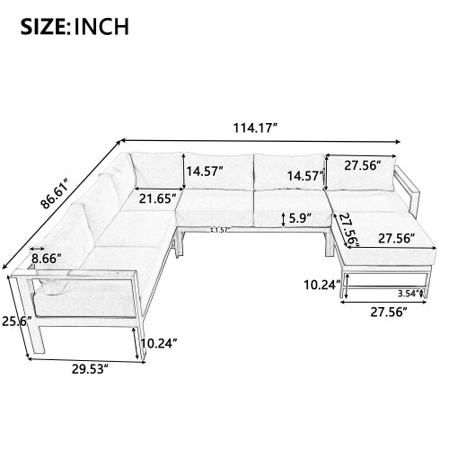 U-Shaped Outdoor Sectional Sofa Set | 5-6 Person Patio Conversation Sofa with 5.9" Cushions & Iron Frame, Grey