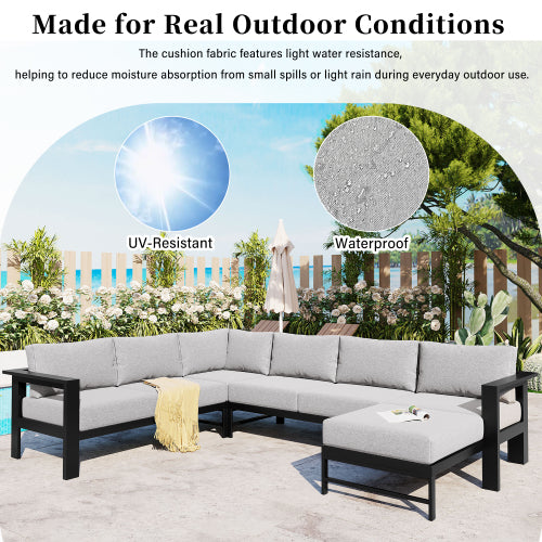 U-Shaped Outdoor Sectional Sofa Set | 5-6 Person Patio Conversation Sofa with 5.9" Cushions & Iron Frame, Grey