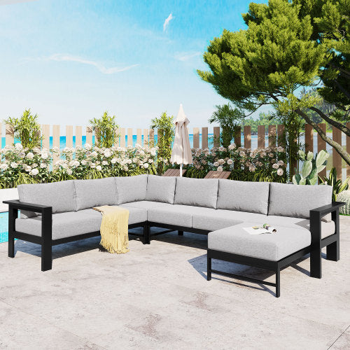 U-Shaped Outdoor Sectional Sofa Set | 5-6 Person Patio Conversation Sofa with 5.9" Cushions & Iron Frame, Grey