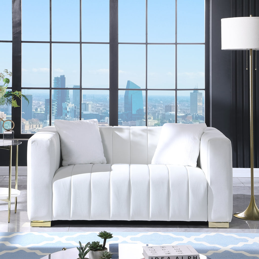 Modern White Channel Loveseat - 2 Seater Chesterfield Velvet Sofa
