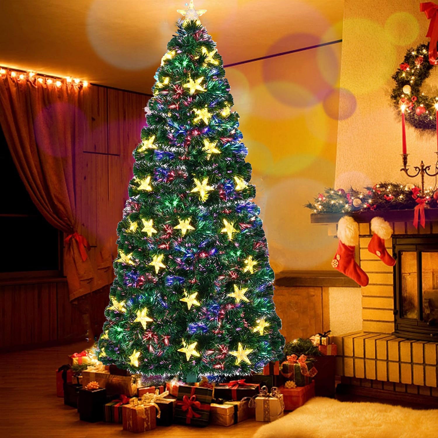 7FT Pre-lit Fiber Optic Christmas Tree with Large Stars,