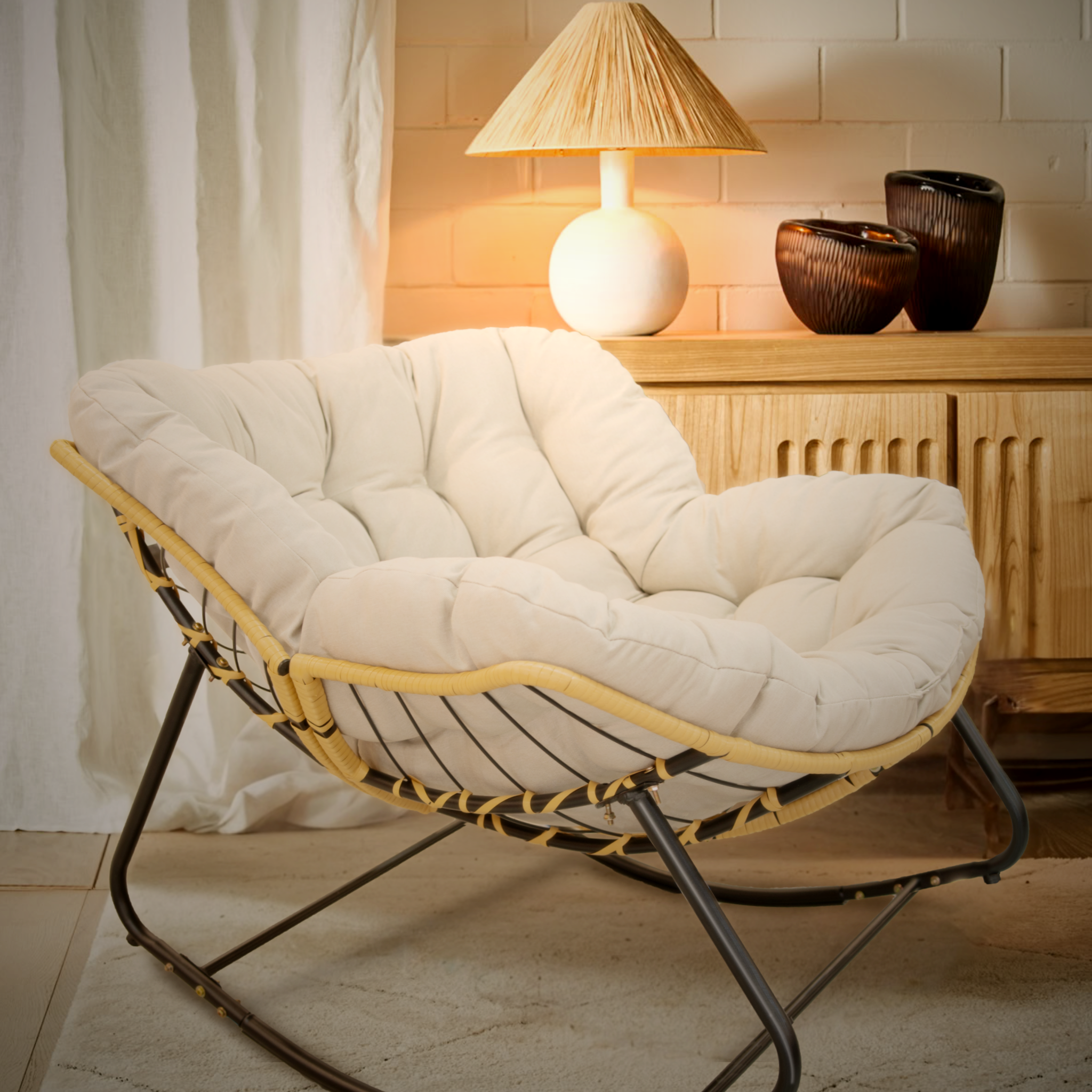 Cozy Retreat! Modern Rattan Papasan Chair with Metal Base & Plush Cushion