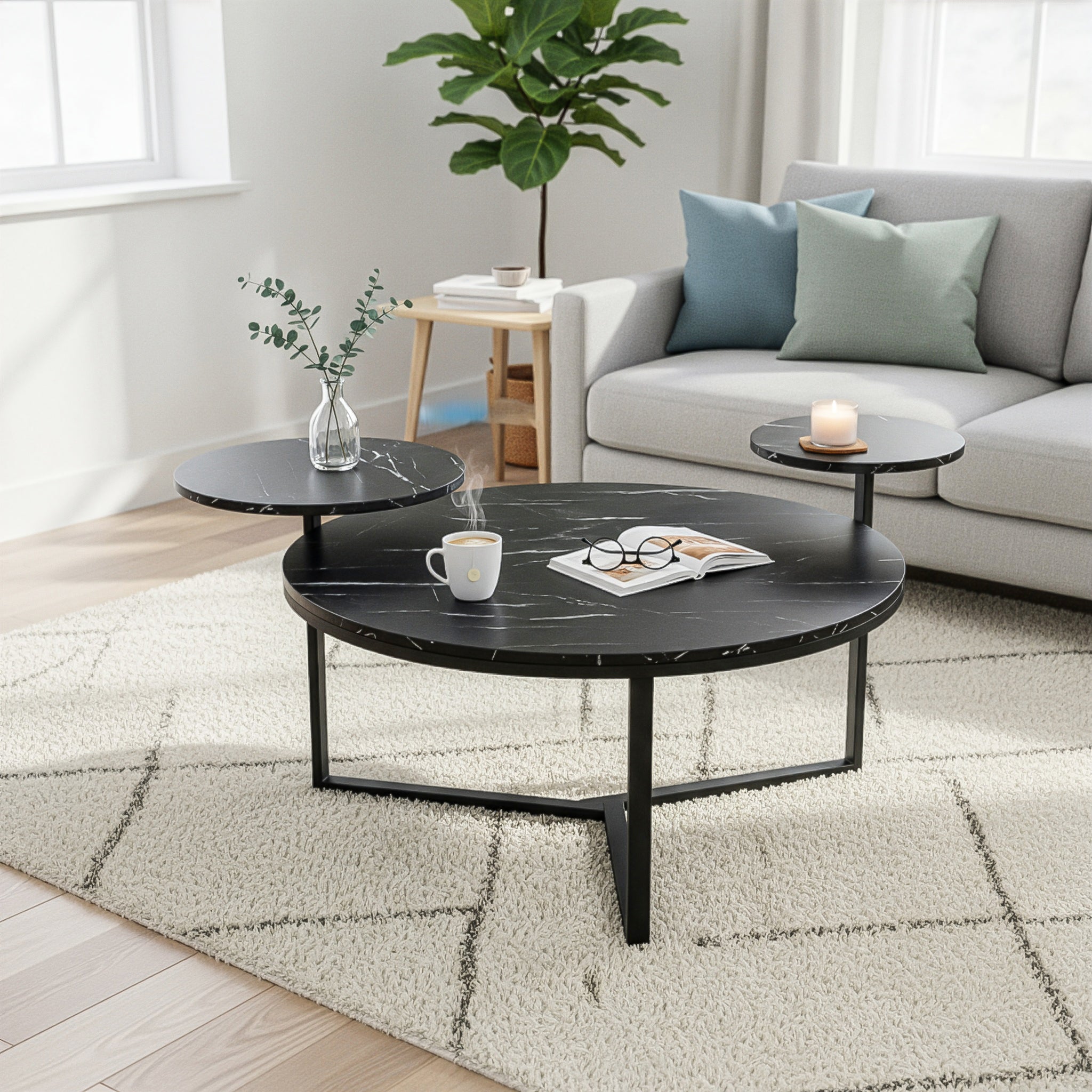 Modern coffee table with two display shelves,
