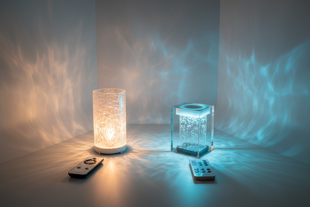 LED water light cylinder vs cube comparison